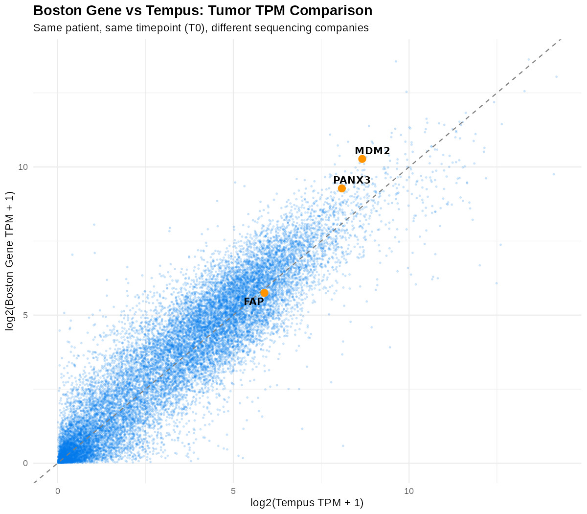 Boston Gene(y) vs Tempus(x) 종양 TPM 산점도: 대각선을 따라 강한 상관, MDM2·PANX3는 오른쪽 위, FAP는 중간
