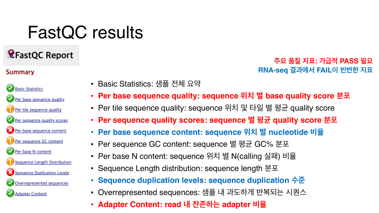 FastQC 리포트 항목 목록: 가급적 PASS가 필요한 지표(파랑)와 RNA-seq에서 FAIL이 빈번한 지표(빨강)